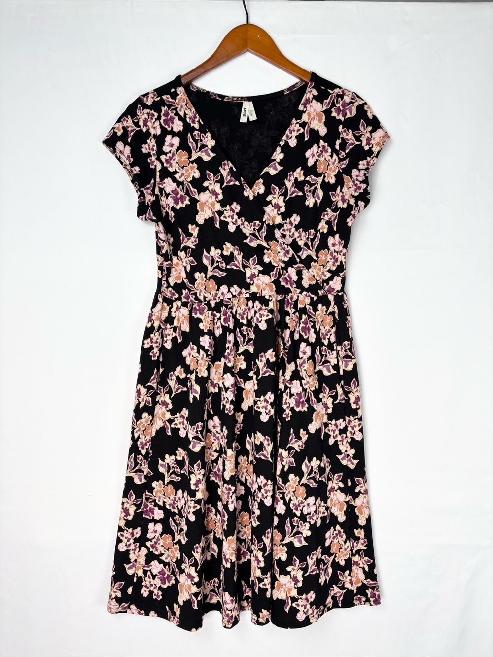 Pact Fit & Flare Crossover Dress Black Floral Size M Mini Short Sleeve - Picture 1 of 7